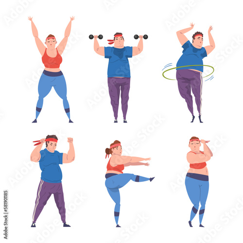 Overweight Man and Woman Character Training with Dumbbell and Hula Hoop Getting Fit Vector Set