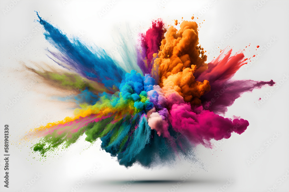 Colorful Powder Explosion on White Background, Indian Holi Festival of Colours: AI Generated Image