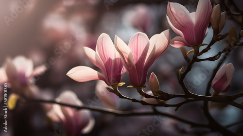 Beautiful branch of blooming magnolia. Generative Ai
