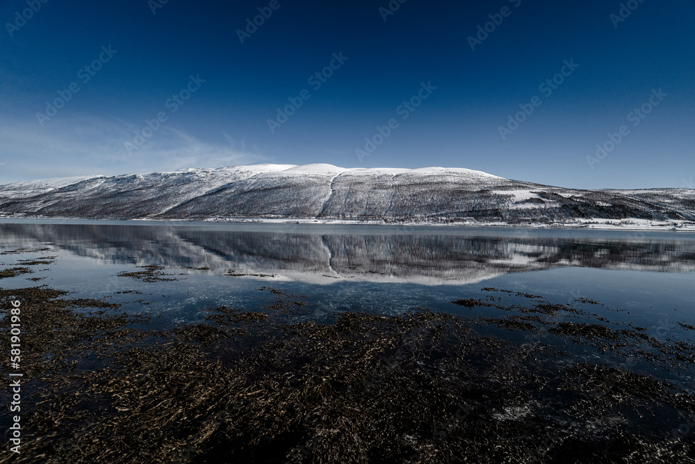 beautiful reflection of snowy mountain on the sea in tromso, norway