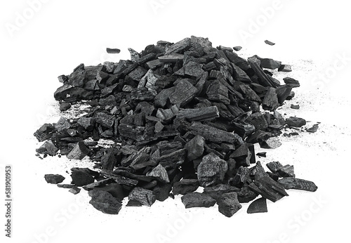 Pile of charcoal pieces isolated on a white background. Wood coal.