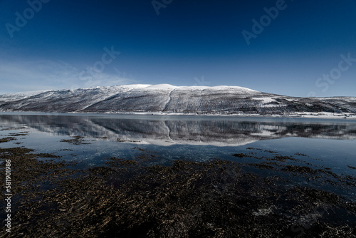 beautiful reflection of snowy mountain on the sea in tromso, norway