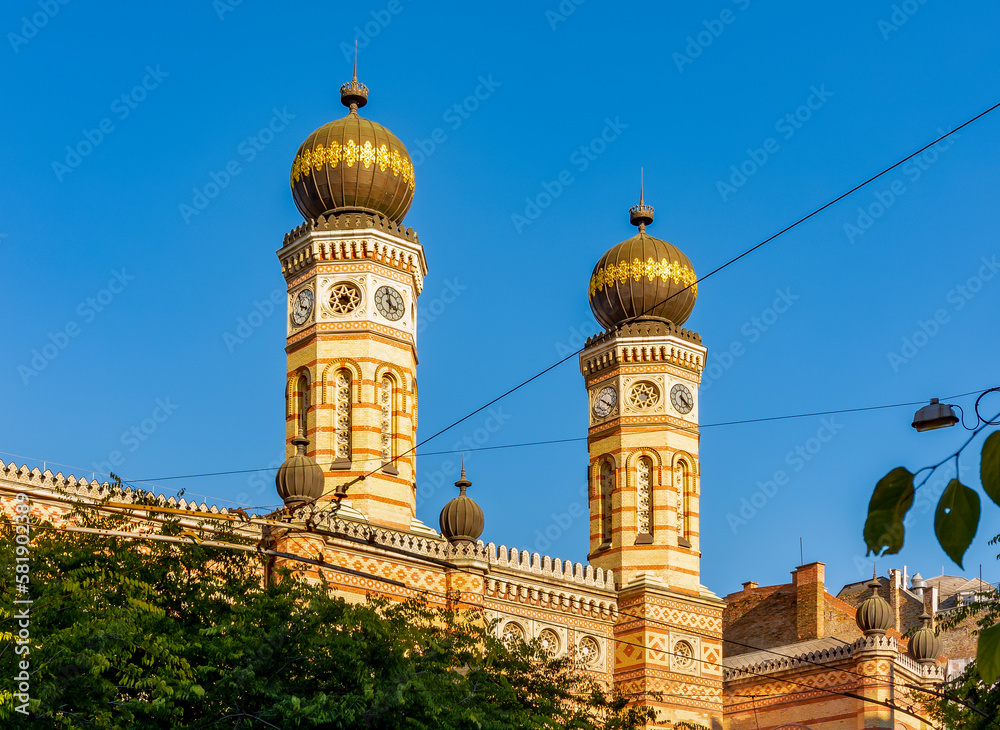 Towers of Dohany synagogue (largest in Europe) in center of Budapest, Hungary