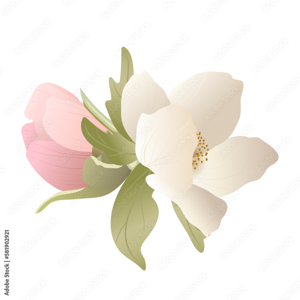 Obraz premium Boutonniere, Bouquet, Pink Flowers and Leaves Decorative Decoration, Elegant Decoration for Wedding and Holidays