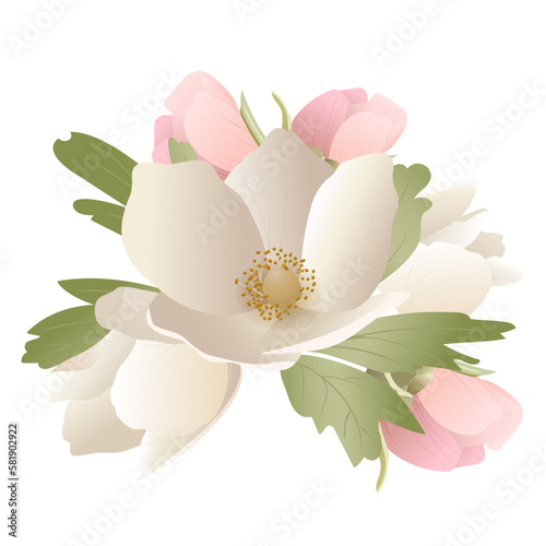 Boutonniere, Bouquet, Spring White, Pink Flowers and Leaves Decorative Decoration, Elegant Decoration for Wedding and Holidays