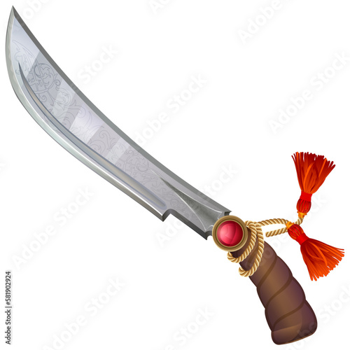 Knife, sword, machete - an element of defense weapons - pirates, corsairs, knights, a fabulous sword in Asian style with a pattern and silk tassels