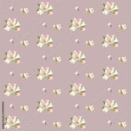 Retro romantic wallpaper of spring flowers white anemone flowers and pink buds in vintage for design and wrapping paper