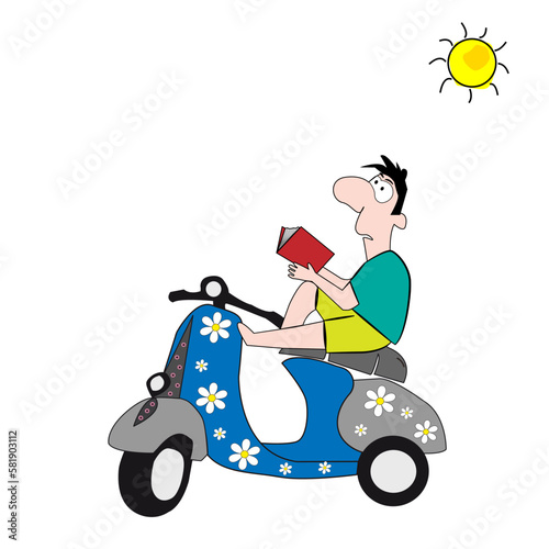 Hombre sentado en moto scooter leyendo un libro.