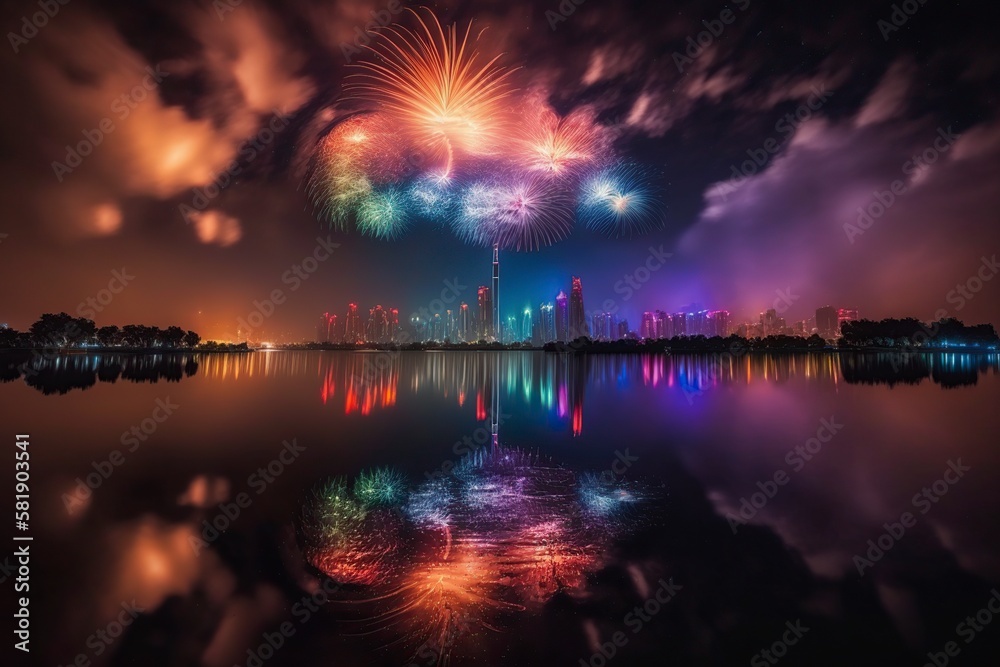illustration, incredibly bright fireworks in century park, ai generative