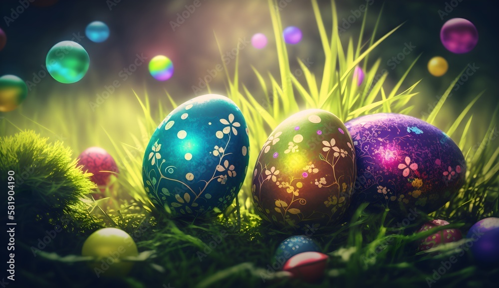 Wallpaper Illustration and background of easter eggs, in a beautiful garden. Front view. Concept of Happy Easter. Generative AI.