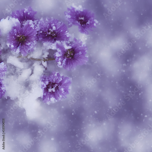 Small purple flowers blooming in the snow, with snow covered background
