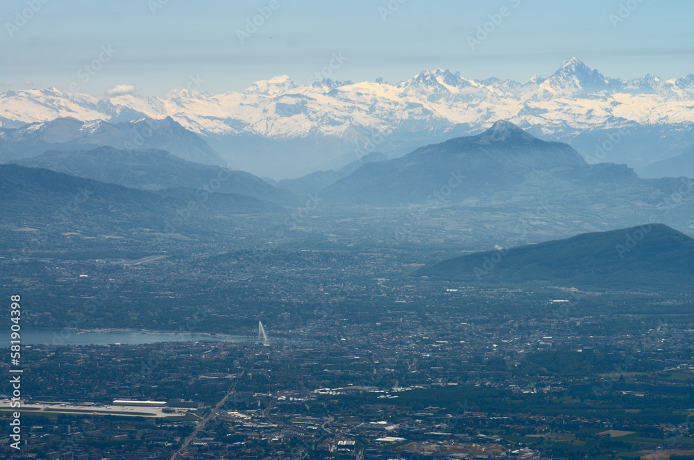aerial view on Geneva, lake Leman and snowy Alps 