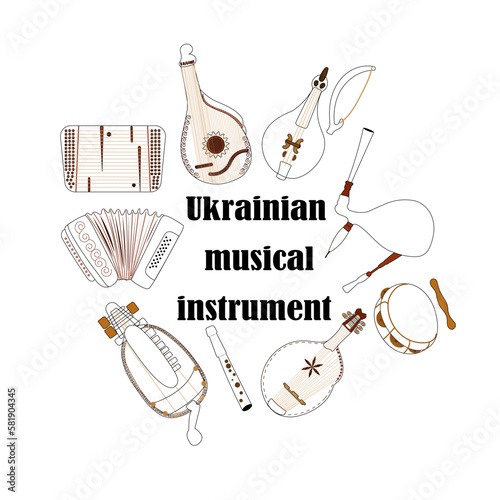 Set of hand drawn traditional Slavic, Ukrainian musical instruments. Bandur, tambourine, accordion, lyra, Cymbals, Ukrainian violin, sopilka. Vector illustration photo