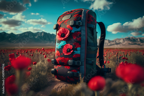 a large tourist backpack close-up stands in a field against the backdrop of mountains, generative AI tools. 
