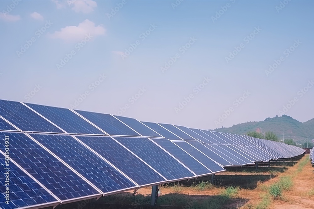 Close-up of Solar cell farm power plant eco technology.landscape of Solar cell panels in a photovoltaic power plant - Generative AI Close-up of Solar cell farm power plant eco technology.landscape of Solar cell panels in a photovoltaic power plant - Generative AI