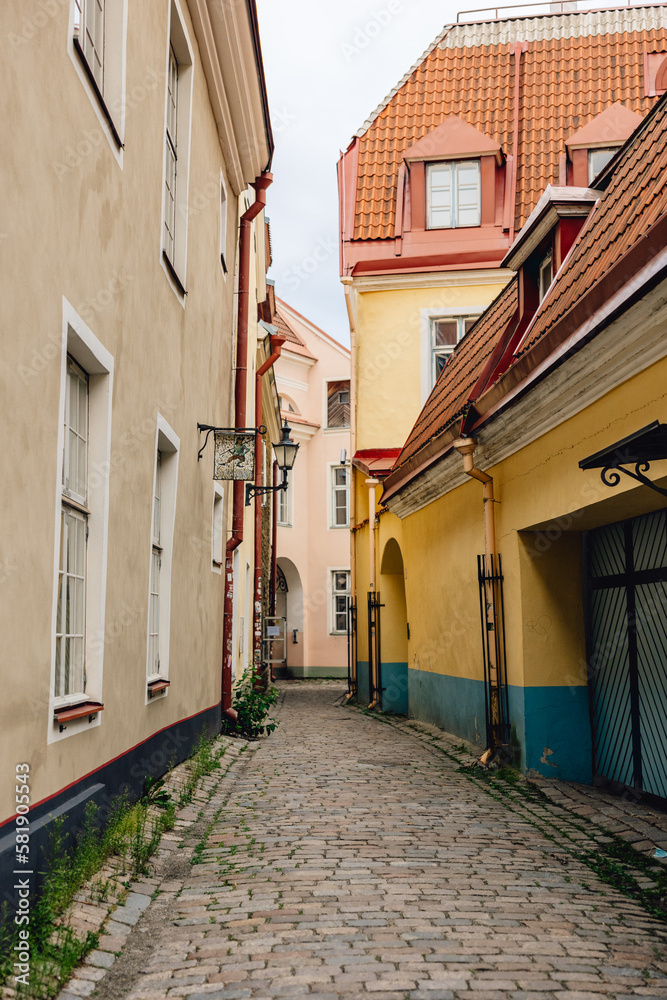 Quiet picturesque European side street in historic medieval capital Tallinn, Estonia