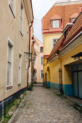 Quiet picturesque European side street in historic medieval capital Tallinn  Estonia