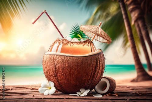 A coconut cocktail on a resort beach is a refreshing and tropical drink made with coconut milk, rum, and other fruit juices. Served in a coconut shell or a tall glass. AI generative