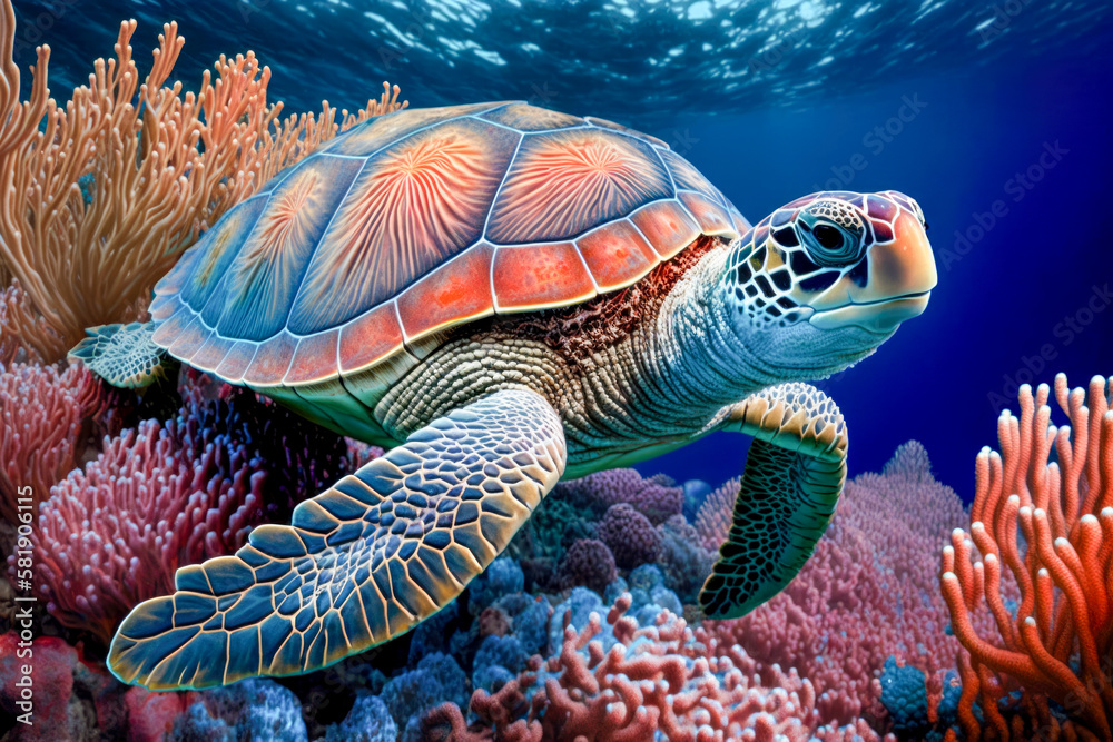 Fototapeta premium Big turtle at colorful coral reef, underwater view. AI generative