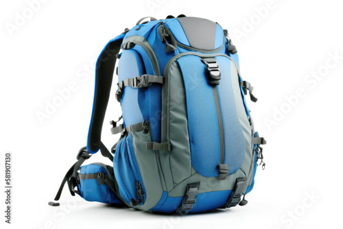 School or hiking blue backpack isolated on white background. AI generative