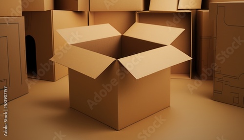 Open cardboard box, against the background of a warehouse with boxes photo