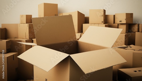 Open cardboard box, against the background of a warehouse with boxes