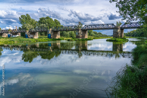View of the ruins of the railway bridge over the Alte Elbe/Zollelbe in Magdeburg