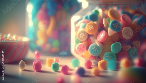 Lots of multi-colored candies with a blurred background and soft lighting