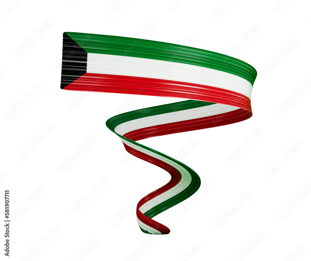 Obraz premium 3d Flag Of Kuwait Country Shiny Wavy 3d Flag Ribbon Isolated On White Background 3d illustration