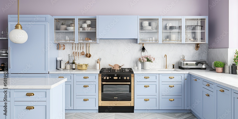 Fototapeta premium generative ai illustration of a pastel colored kitchen mock up