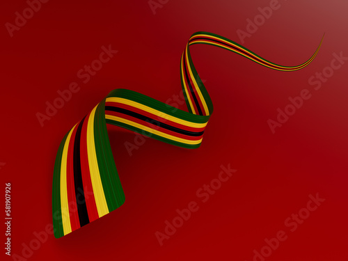 3d Flag Of Zimbabwe Country, 3d Wavy Shiny Ribbon Flag Isolated On Red Background,3d illustration