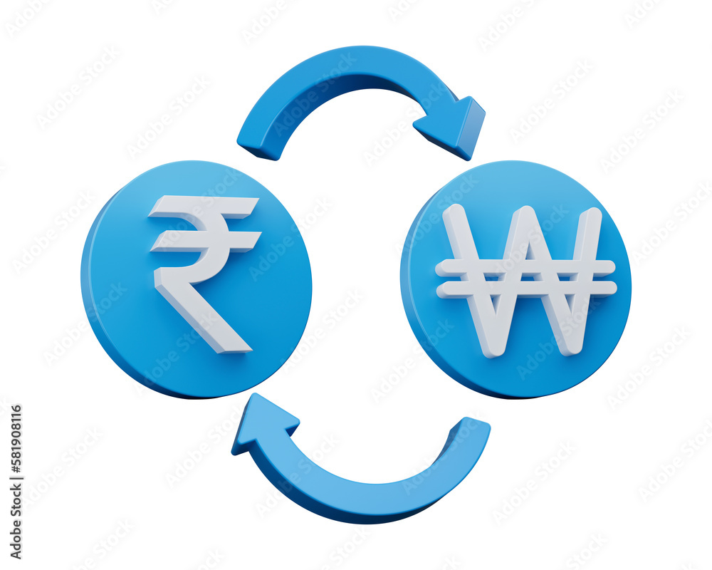 3d White Indian Rupee And Won Symbol On Rounded Blue Icon With Money Exchange Arrows 3d illustration 3d White Indian Rupee And Won Symbol On Rounded Blue Icon With Money Exchange Arrows 3d illustration