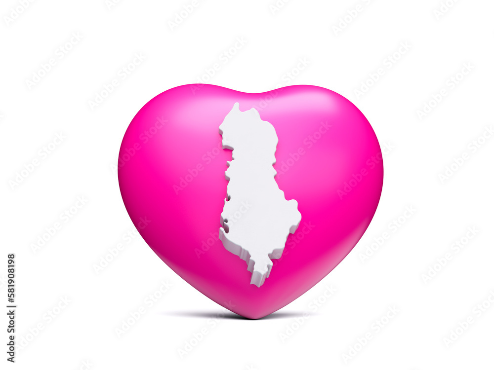 3d Pink Heart With 3d White Map Of Albania Isolated On White Background, 3d Illustration 3d Pink Heart With 3d White Map Of Albania Isolated On White Background, 3d Illustration
