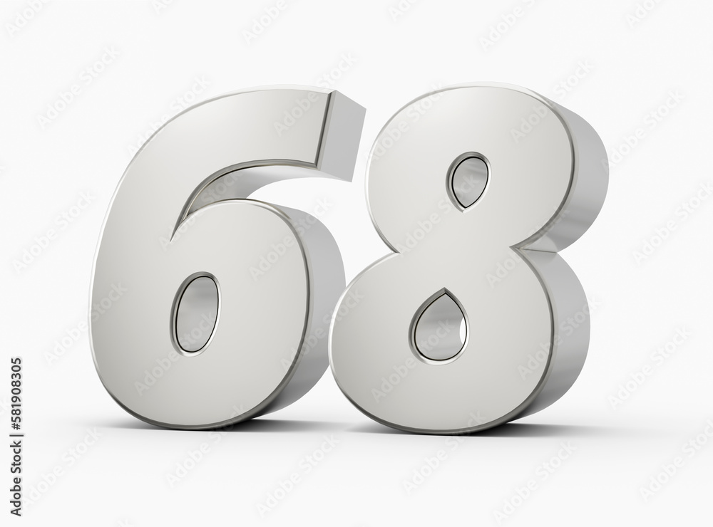 Silver 3d numbers 68 Sixty eight. Isolated white background 3d illustration