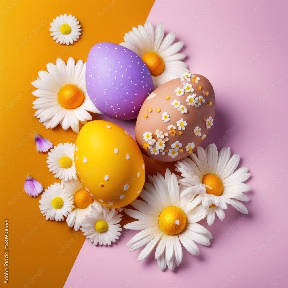 Happy Easter holiday background. Colorful eggs and camomile