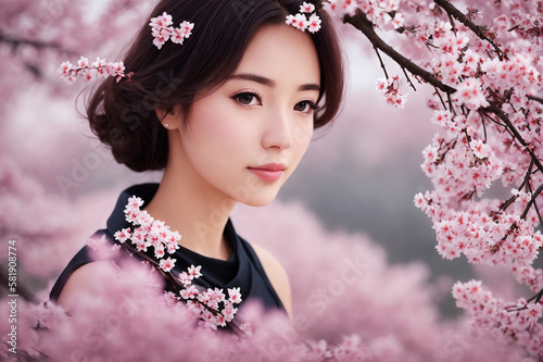 Portrait of a beautiful woman on a background of sakura blossoms. Generative AI.