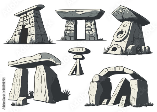 Dolmens set in vintage vector illustration style photo