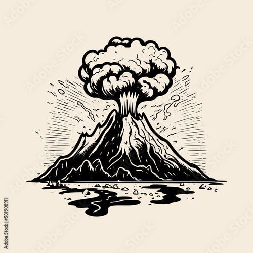 A vintage engraving style sketch of a volcano