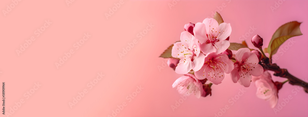 Flowering tree branch isolated on pink background with copy space. Generative AI