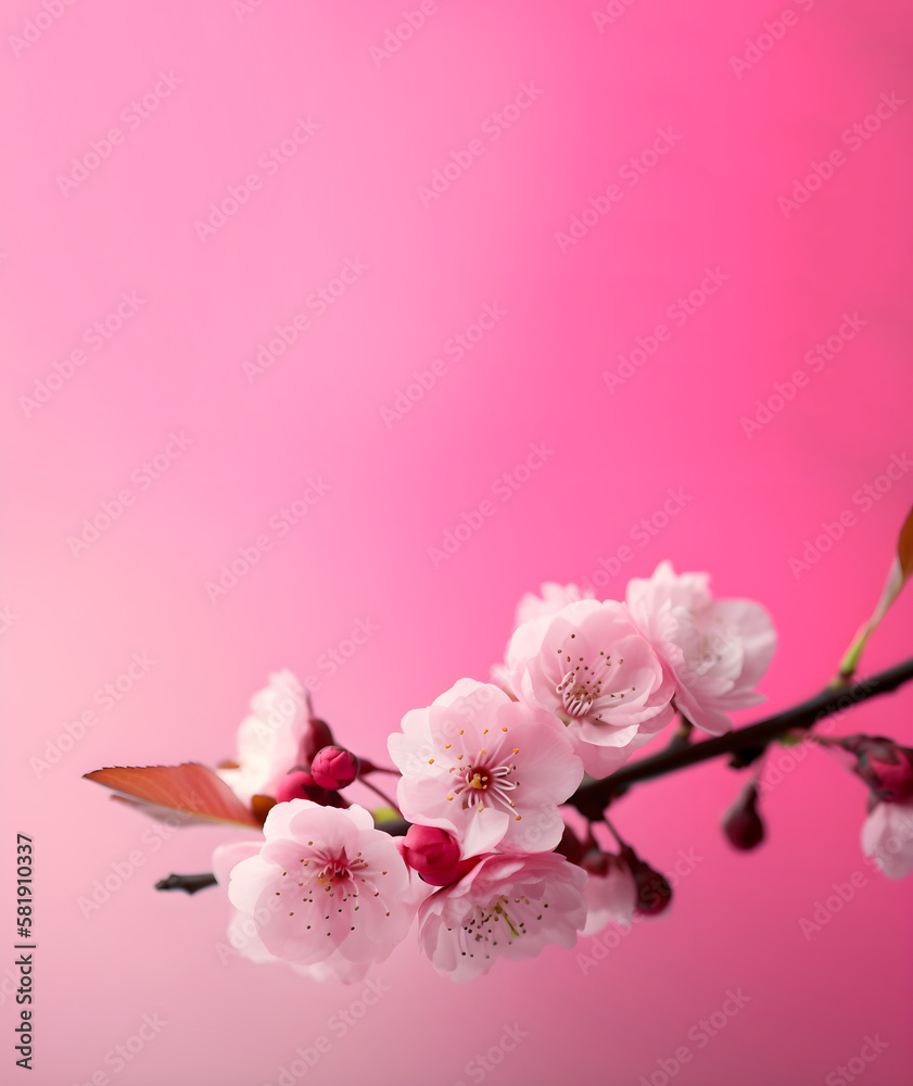 Flowering tree branch isolated on pink background with copy space. Generative AI Flowering tree branch isolated on pink background with copy space. Generative AI