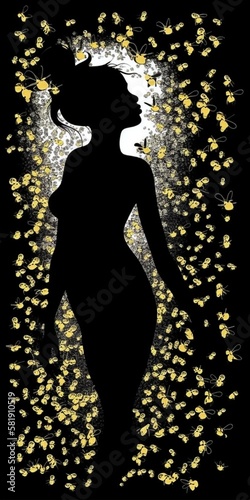 Dot matrix of fertility goddess silhouette with a swarm of bees Generative AI