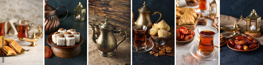 Collage of traditional Arabian sweets and tea on table