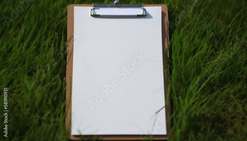 White paper on wooden clipboard on green grass background. Mockup photo