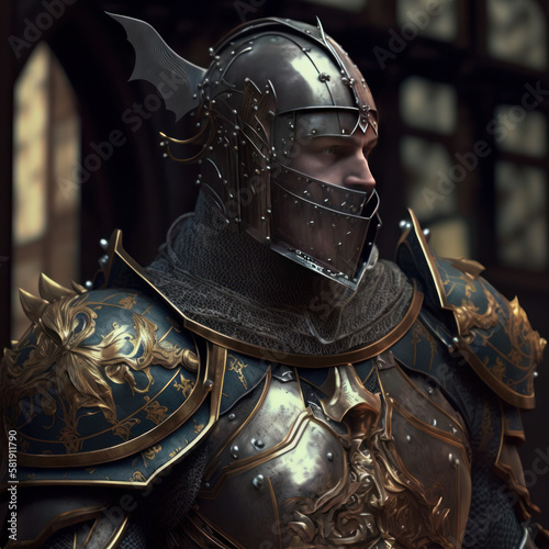 Medieval knight in full silver and gold armor, created with generative ai tools