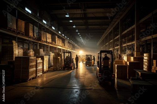Warehouse where there are logistics operators working with working machines, there are shelves with pallets and boxes, generative AI