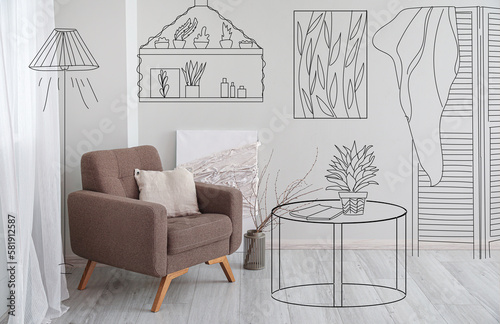 New interior of light living room with grey armchair