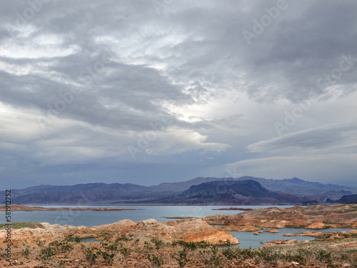 Lake Mead with record water level and storm cloud. Shot in March 2023