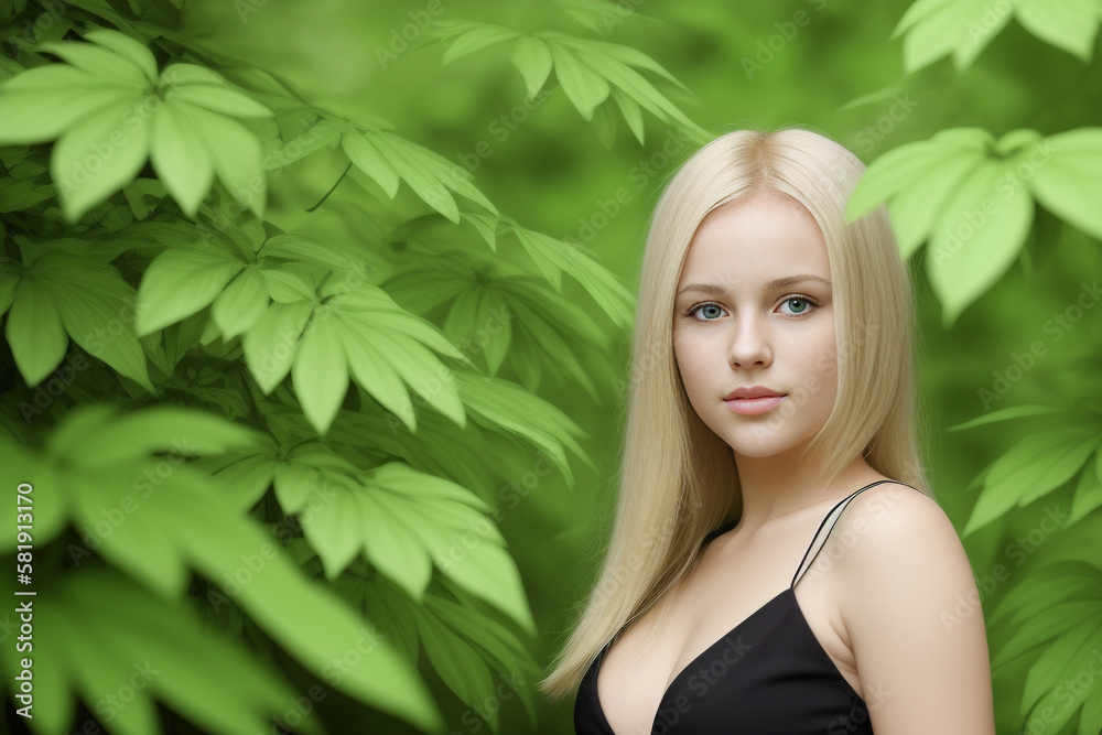 Woman with blonde hair and black dress standing in front green background with leaves.Generative AI. Woman with blonde hair and black dress standing in front green background with leaves.Generative AI.