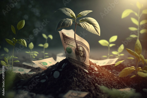 Dollar Seedling - Growth Concept - Plants On Banknotes In Increase, Invest power, profit and earning Generative AI