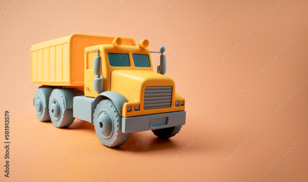 Cargo truck is a children's toy on a bright background. Construction and freight transportation concept. AI generative
